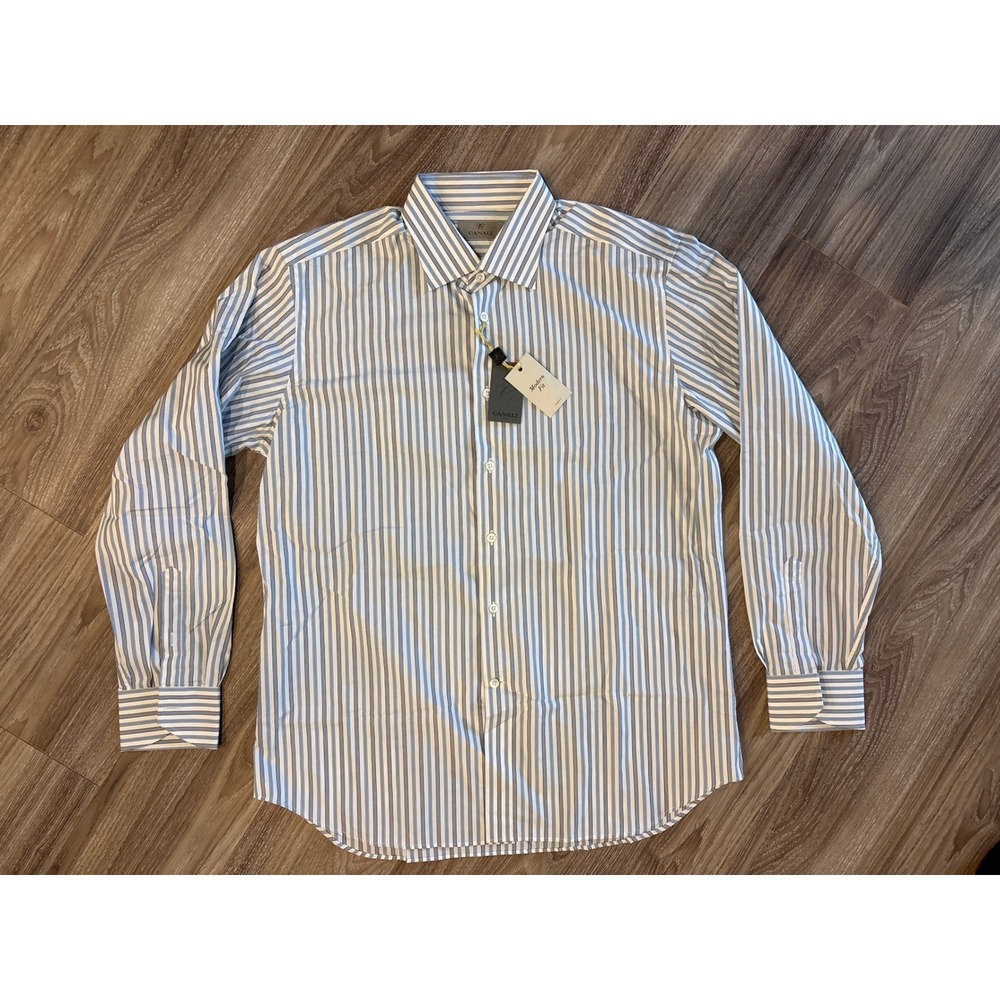 Canali Modern Fit Blue White Striped Dress Shirt Made in Italy Size 43 17 L NWT
